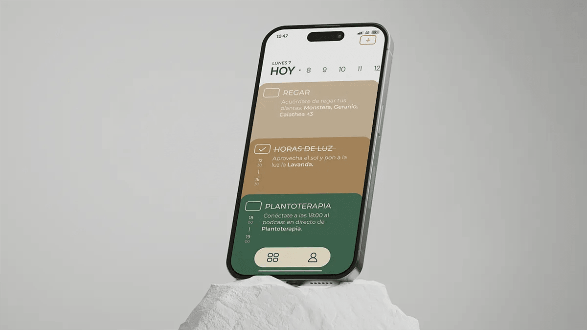 Pantalla de tareas del día de la app Planting con regar, horas de luz y plantoterapia, de Eva González, alumna de UX/UI/Web en TRAZOS