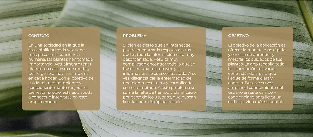Contexto, problema y objetivo de la app Planting sobre cuidado de plantas y sostenibilidad, de Eva González, alumna de UX/UI/Web en TRAZOS
