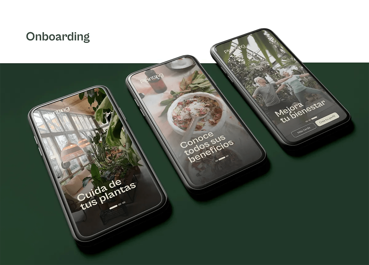 Onboarding de la app Planting con tres pantallas sobre cuidar plantas y mejorar el bienestar, de Eva González, alumna de UX/UI/Web en TRAZOS