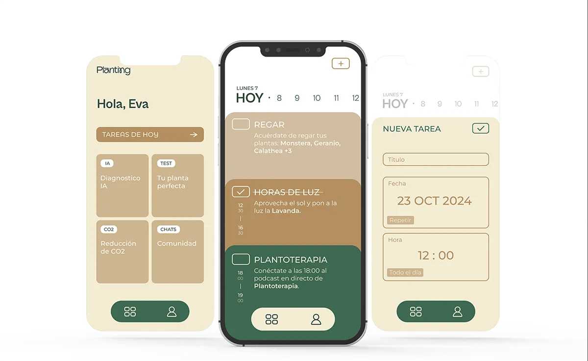 Pantallas de inicio y de nueva tarea de la app Planting con tareas del día, de Eva González, alumna de UX/UI/Web en TRAZOS