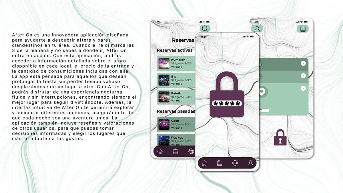 Descripción de la app After On junto a pantallas de reservas, de Álvaro Fernández, alumno de UX/UI/Web en TRAZOS