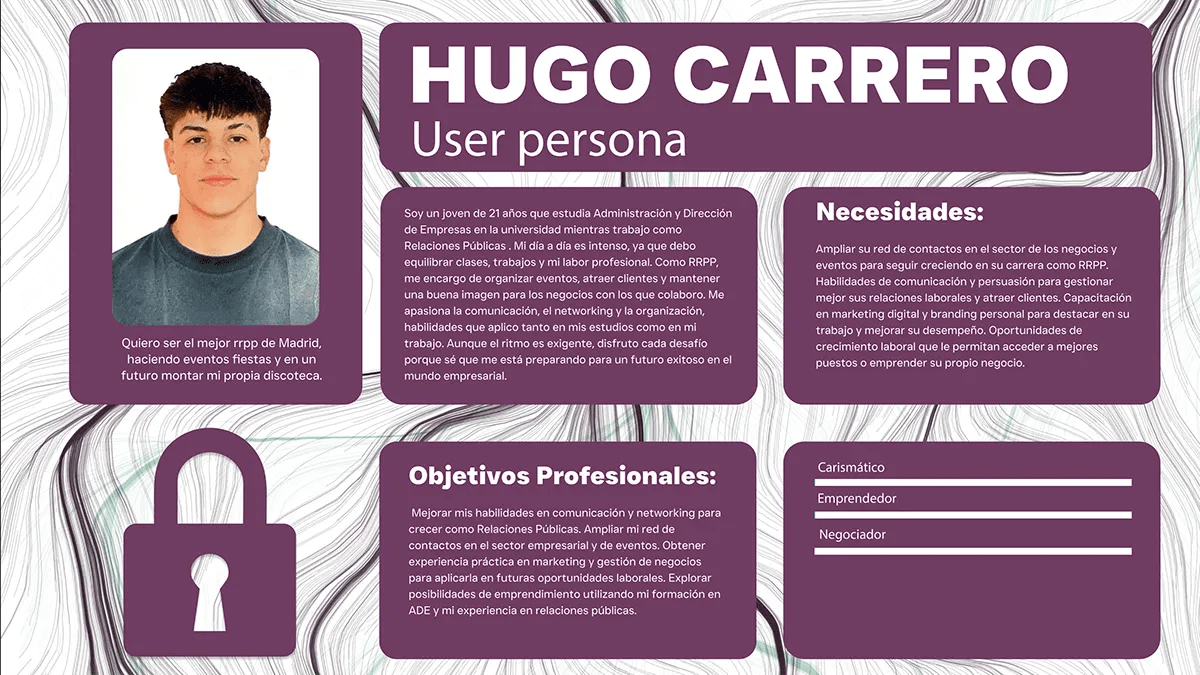 Ficha de user persona Hugo Carrero del proyecto After On con necesidades y objetivos, de Álvaro Fernández, alumno de UX/UI/Web en TRAZOS