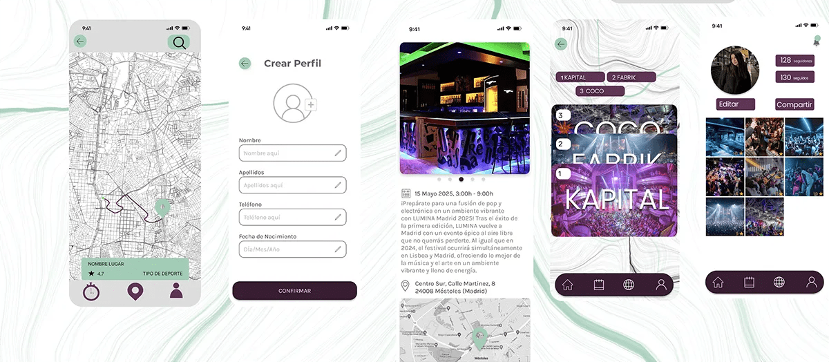 Rejilla de mockups de móvil con varias pantallas de la app After On, de Álvaro Fernández, alumno de UX/UI/Web en TRAZOS