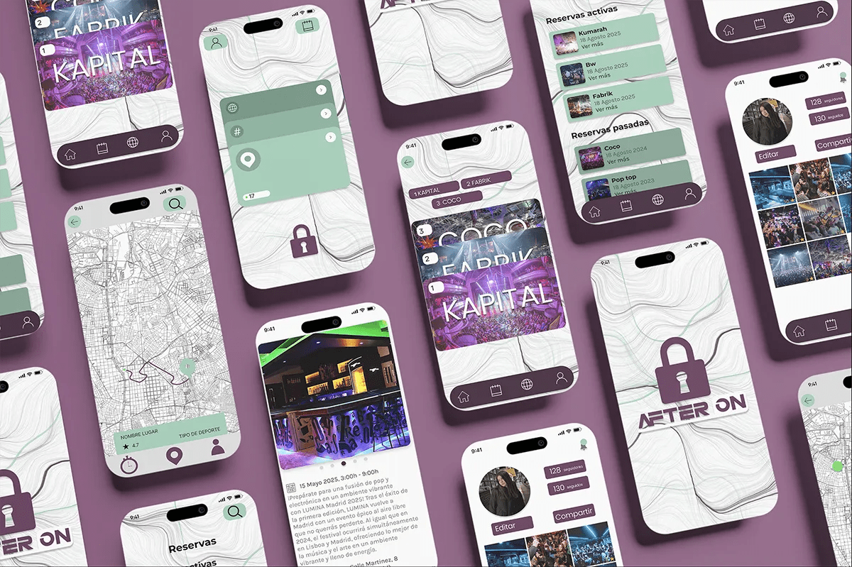 Mockups de móvil en perspectiva mostrando pantallas de la app After On, de Álvaro Fernández, alumno de UX/UI/Web en TRAZOS