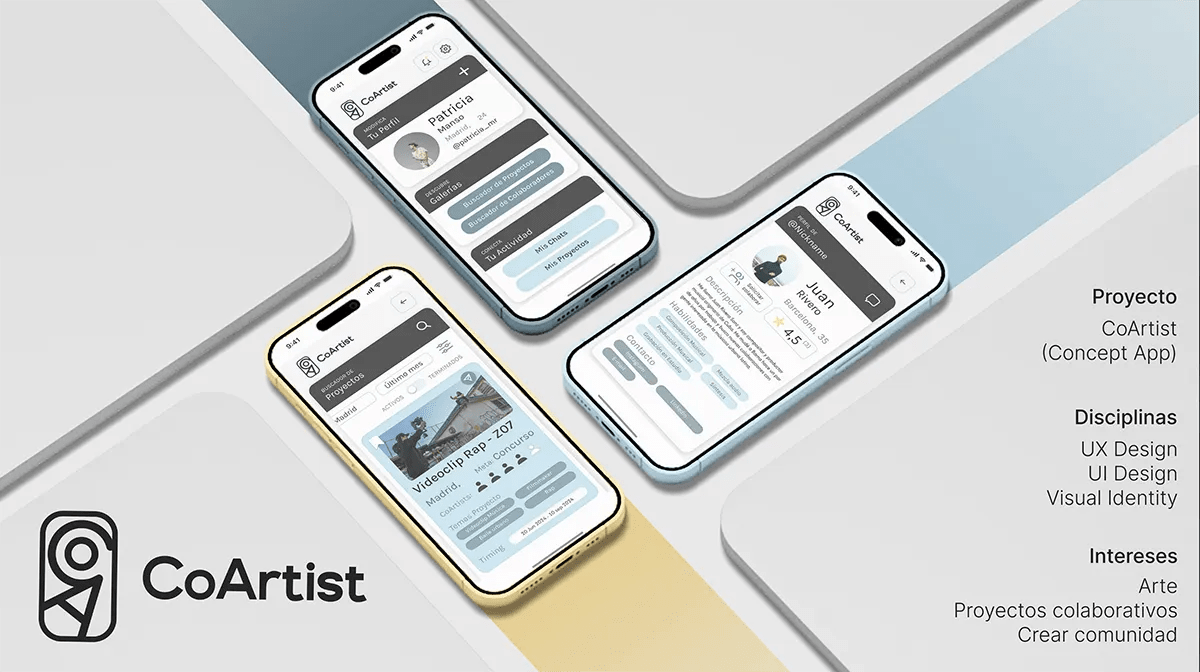 Ficha del proyecto CoArtist con disciplinas UX, UI y Visual Identity e intereses, app concepto para artistas, de Patricia Manso, alumna de UX/UI/Web en TRAZOS
