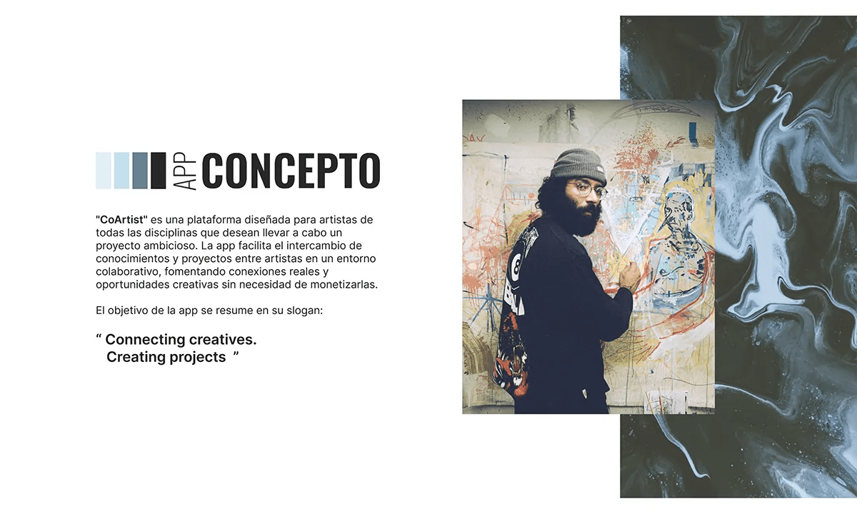 Página de concepto de la app CoArtist, plataforma colaborativa para artistas, con su eslogan Connecting creatives, de Patricia Manso, alumna de UX/UI/Web en TRAZOS