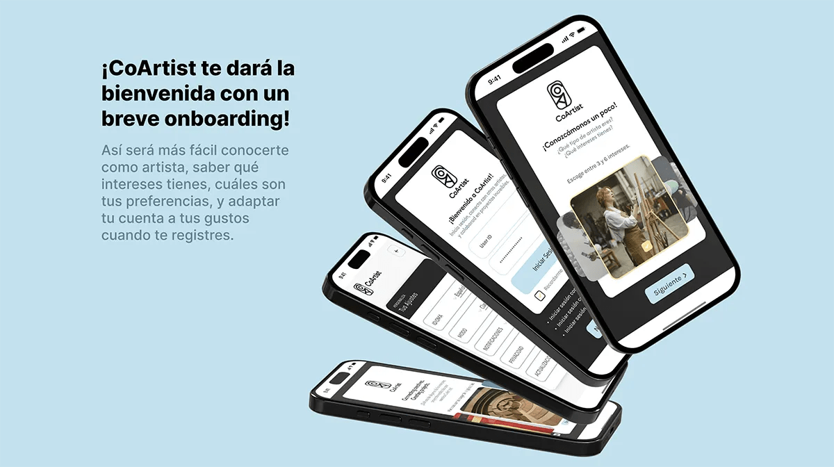 Mockups del onboarding de bienvenida de la app CoArtist, de Patricia Manso, alumna de UX/UI/Web en TRAZOS