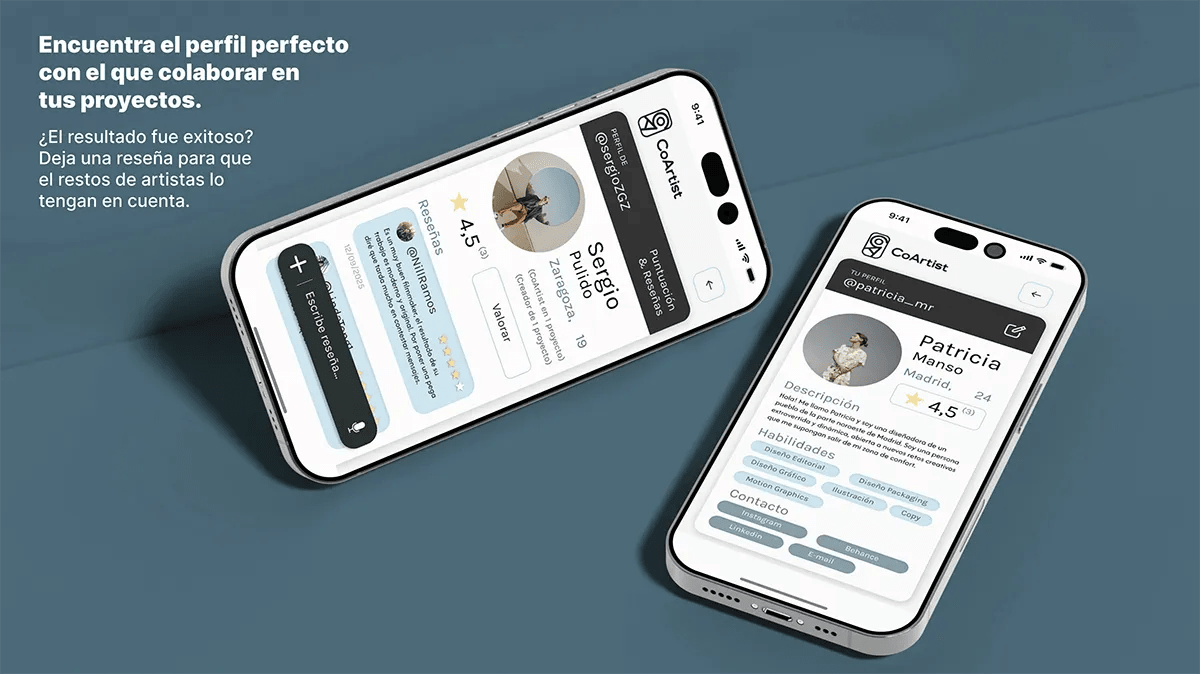 Mockups de las pantallas de perfil de artista y reseñas de CoArtist, de Patricia Manso, alumna de UX/UI/Web en TRAZOS