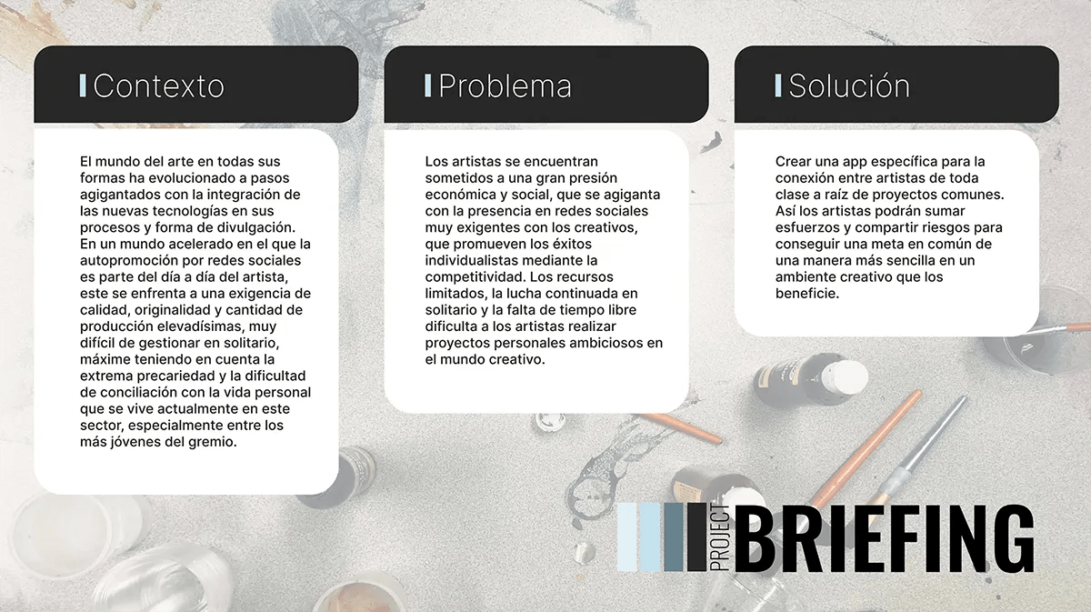 Project briefing de CoArtist con los bloques de contexto, problema y solución, de Patricia Manso, alumna de UX/UI/Web en TRAZOS