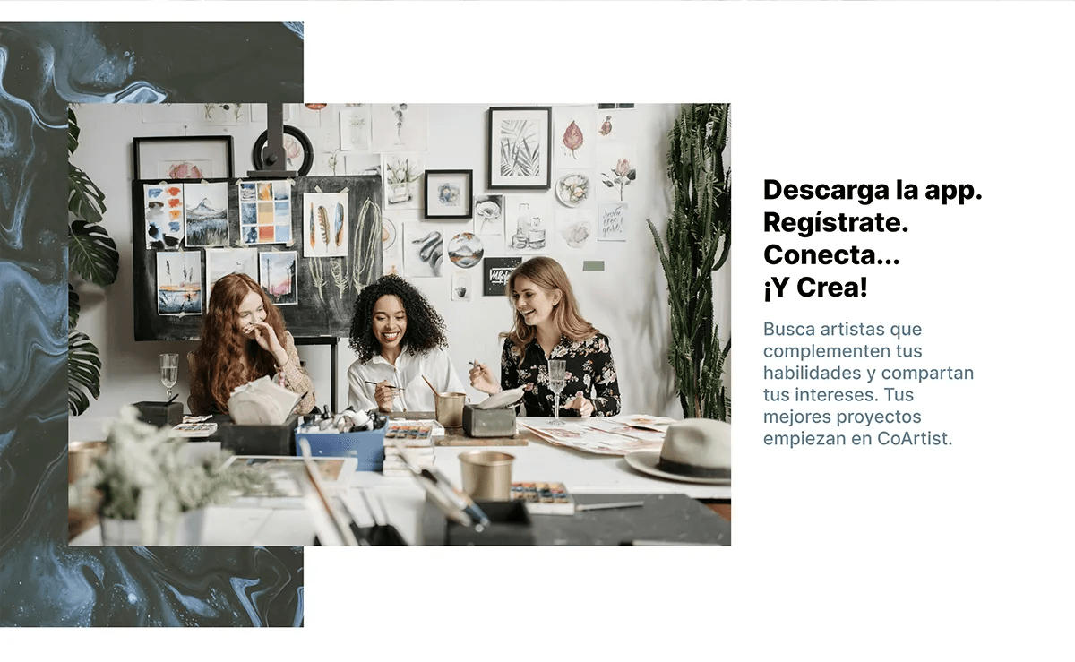 Página con el claim Descarga, regístrate, conecta y crea de CoArtist junto a una foto de artistas colaborando, de Patricia Manso, alumna de UX/UI/Web en TRAZOS
