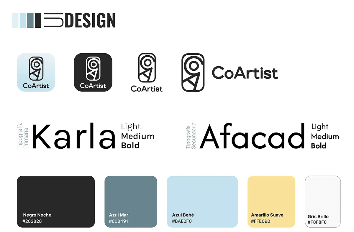 Identidad visual de CoArtist con variantes de logotipo, tipografías Karla y Afacad y paleta de color, de Patricia Manso, alumna de UX/UI/Web en TRAZOS