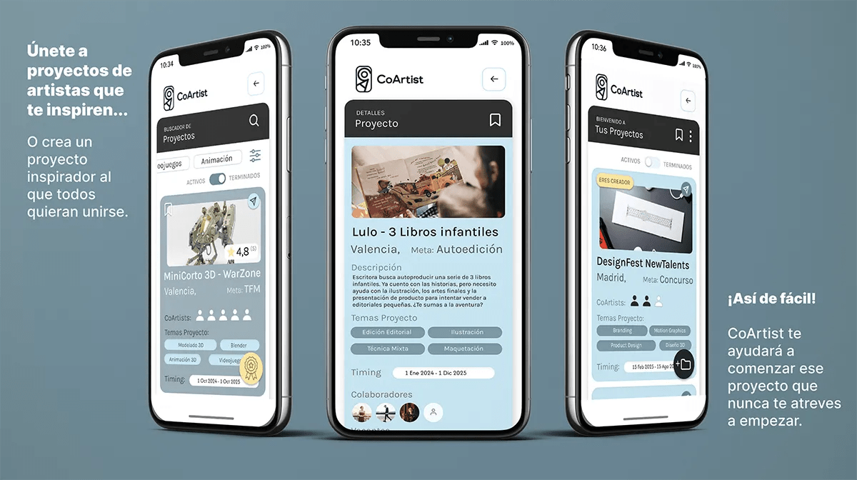 Mockups de las pantallas de buscador y detalle de proyectos de CoArtist, de Patricia Manso, alumna de UX/UI/Web en TRAZOS