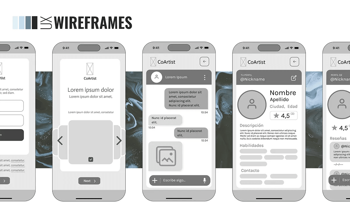 Wireframes de baja fidelidad de las pantallas de onboarding, chat y perfil de CoArtist, de Patricia Manso, alumna de UX/UI/Web en TRAZOS