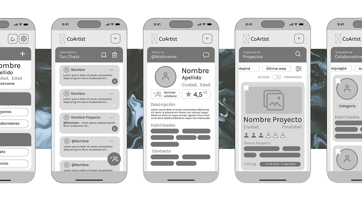 Wireframes de las pantallas de chats, perfil y buscador de proyectos y colaboradores de CoArtist, de Patricia Manso, alumna de UX/UI/Web en TRAZOS