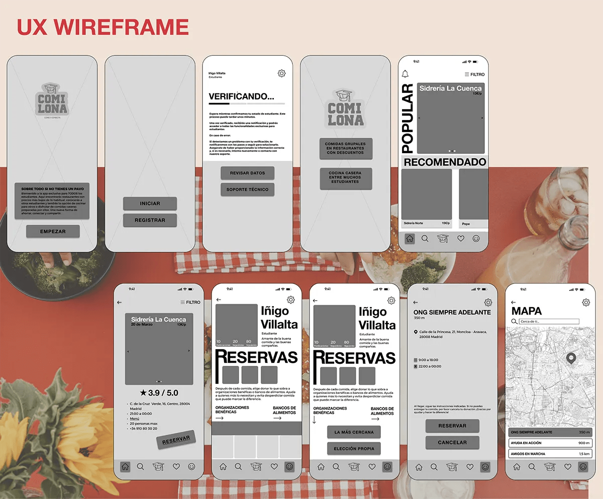 UX wireframe en gris del flujo de pantallas de la app COMILONA, incluyendo verificación, popular, reservas y mapa, de Sofía Villalta, alumna de UX/UI/Web en TRAZOS
