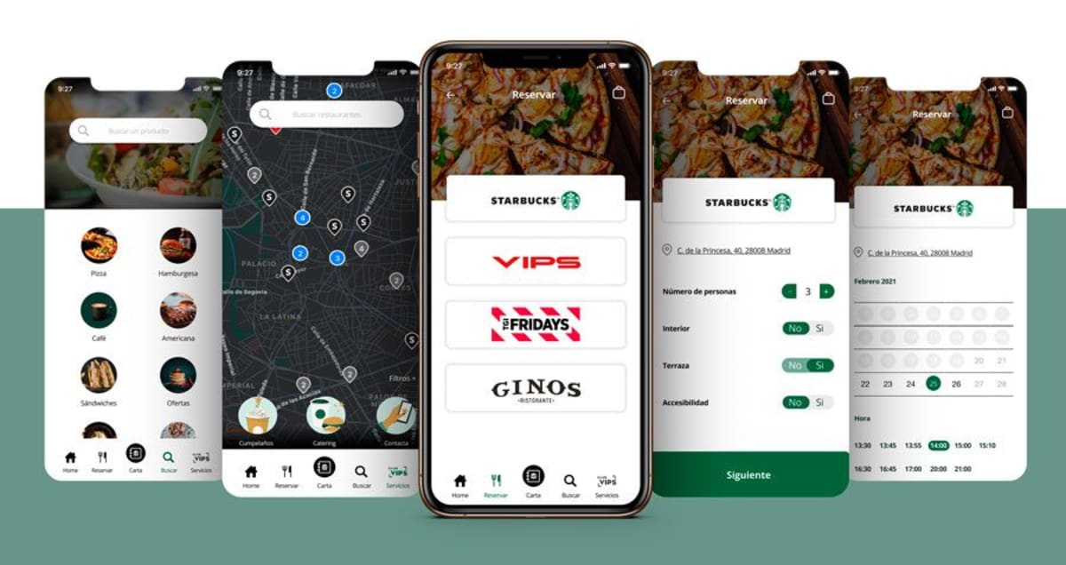 Pantallas de una app de reserva de restaurantes con mapa y selección de VIPS y Starbucks, de Iván Menchón Sánchez, alumno de UX/UI/Web en TRAZOS