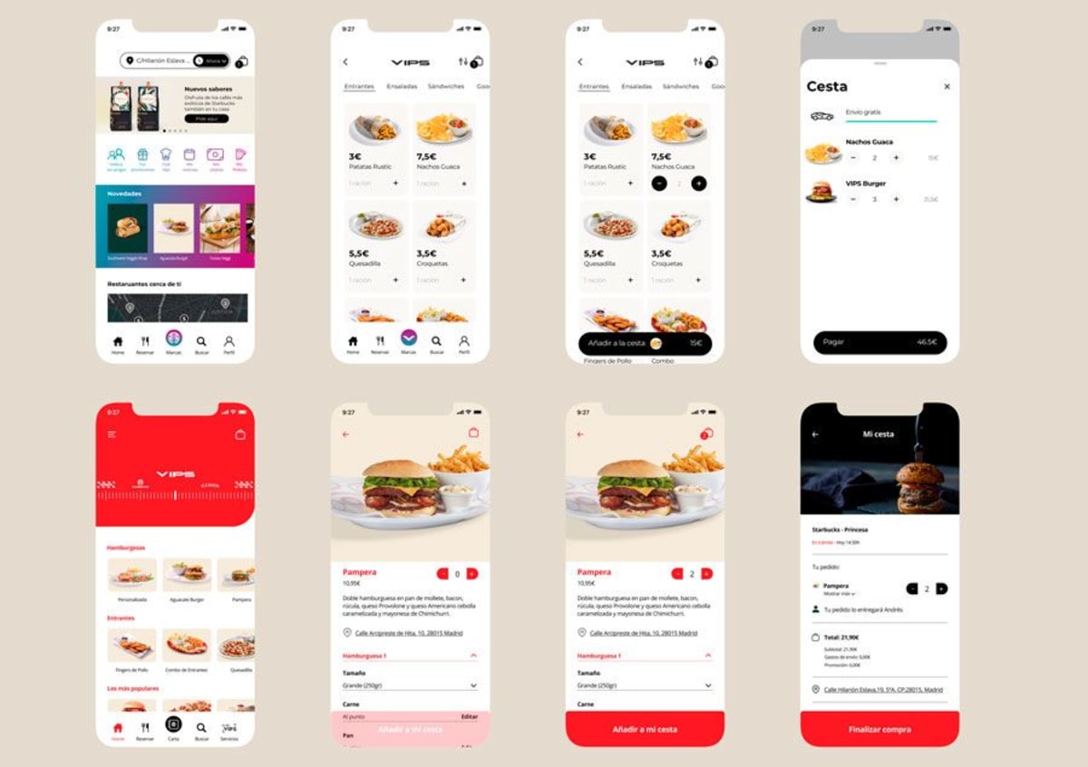 Pantallas de carta, pedido y cesta de la app de restaurantes VIPS, de Iván Menchón Sánchez, alumno de UX/UI/Web en TRAZOS