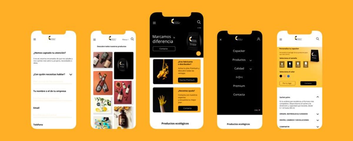 Pantallas clave de la app Copacker con catálogo de productos, menú y formulario de contacto, de Iván Menchón Sánchez, alumno de UX/UI/Web en TRAZOS