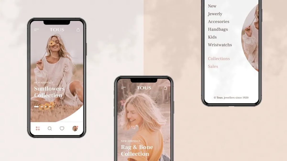 Pantallas de inicio y menú de la tienda Tous en tres mockups de móvil, de Amanay Vicente Padrao, alumna de UX/UI/Web en TRAZOS