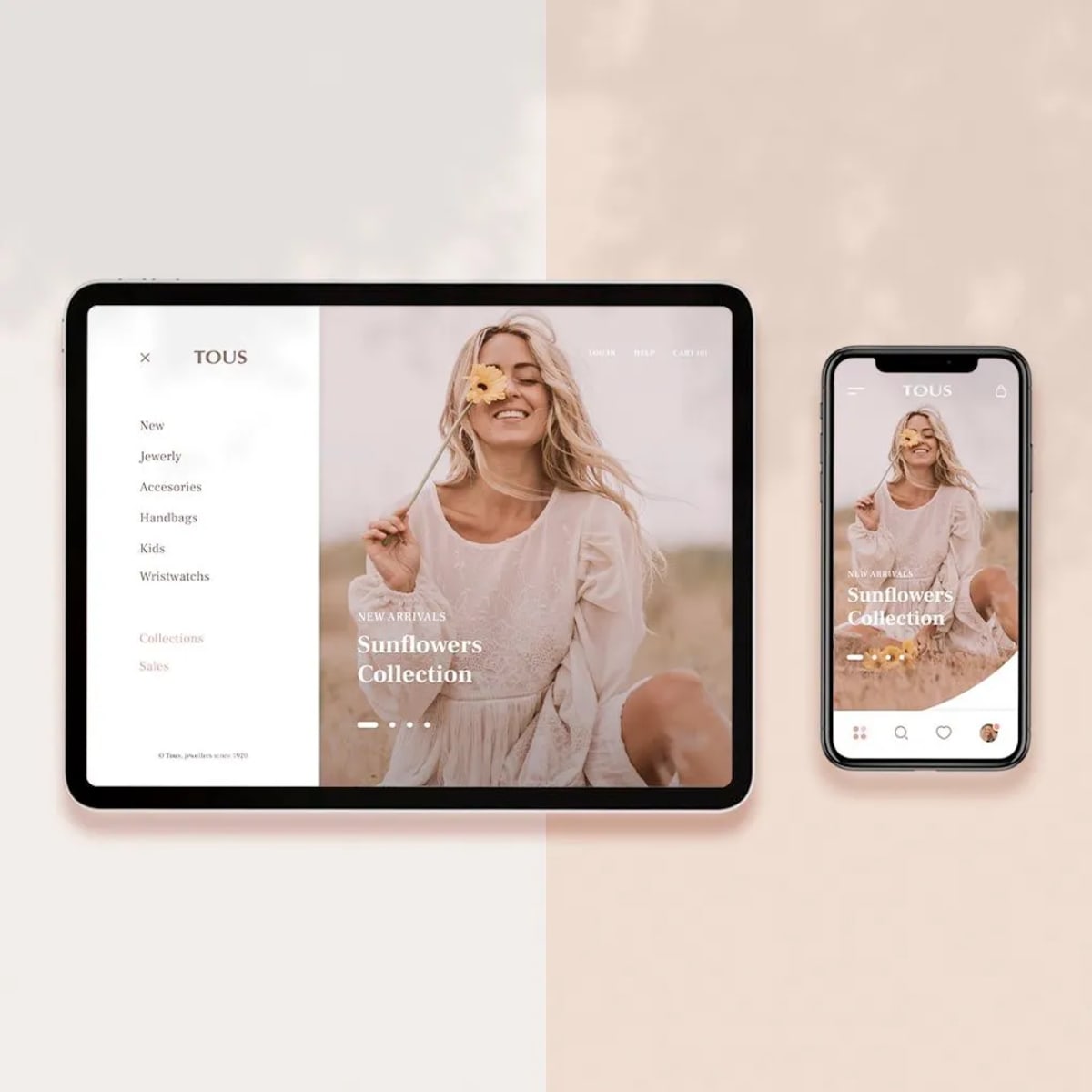 Diseño responsive de la tienda Tous en tablet y móvil con la colección Sunflowers, de Amanay Vicente Padrao, alumna de UX/UI/Web en TRAZOS