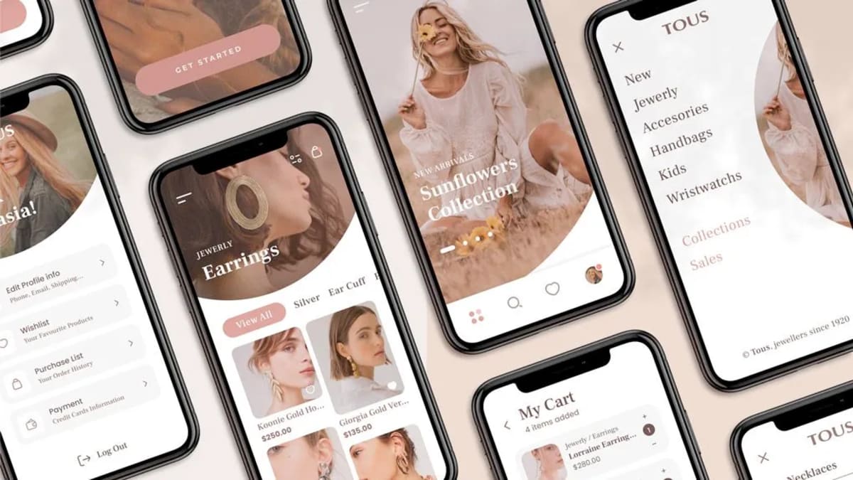 Mockups de la tienda Tous con catálogo de joyas, perfil y carrito, de Amanay Vicente Padrao, alumna de UX/UI/Web en TRAZOS