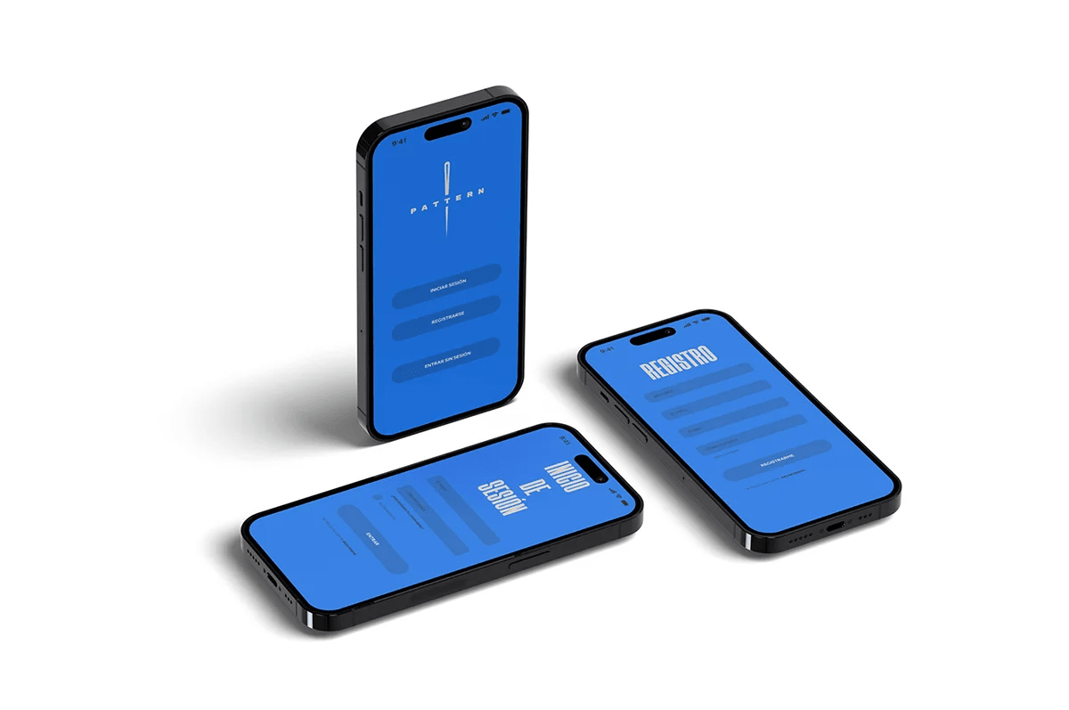 Mockup de dos móviles con la pantalla de novedades y la ficha de calzado de la app de moda Pattern, de Daniel Guijarro Domínguez, alumno de UX/UI/Web en TRAZOS