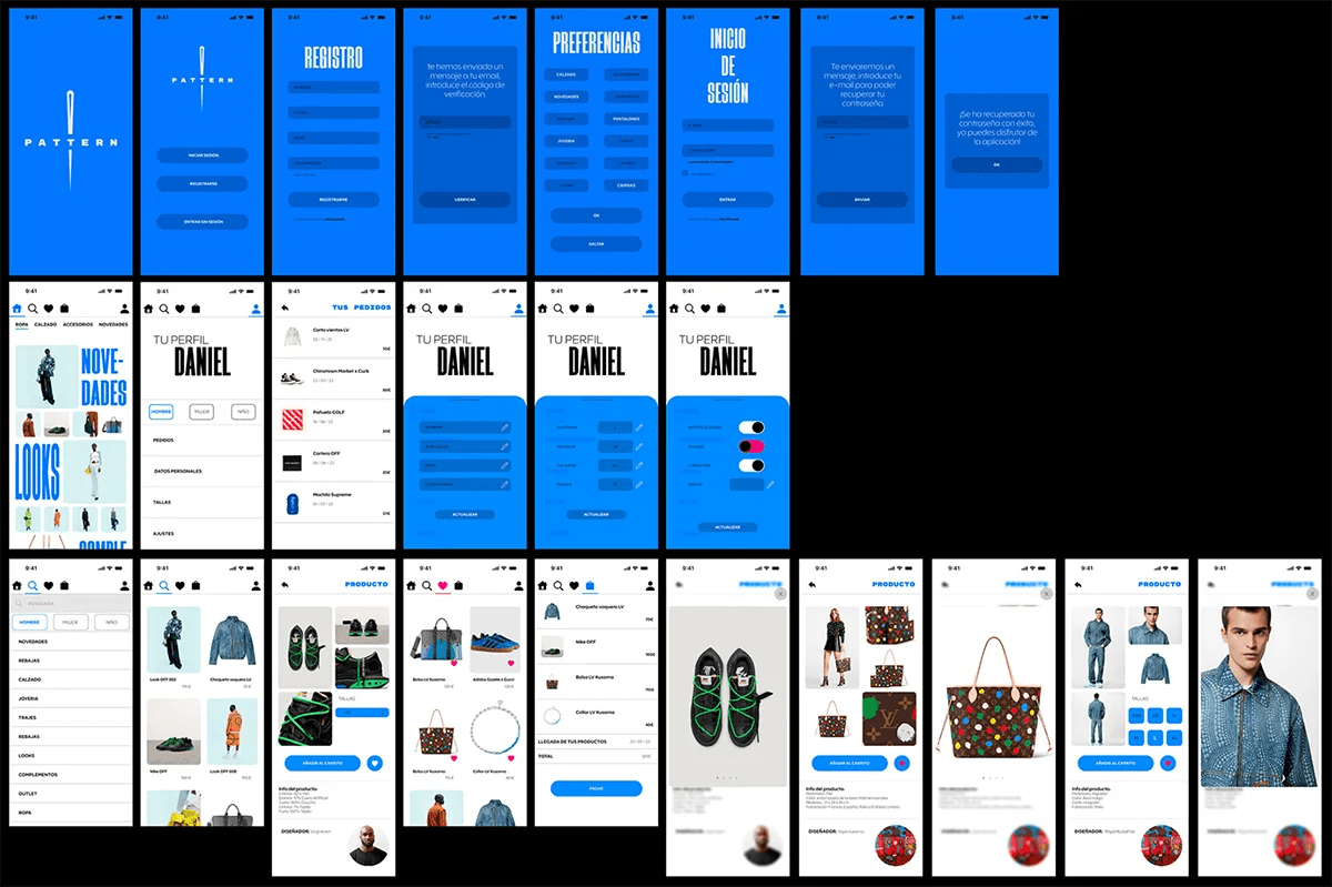 Mockup de tres móviles azules con las pantallas de login y registro de la app de moda Pattern, de Daniel Guijarro Domínguez, alumno de UX/UI/Web en TRAZOS
