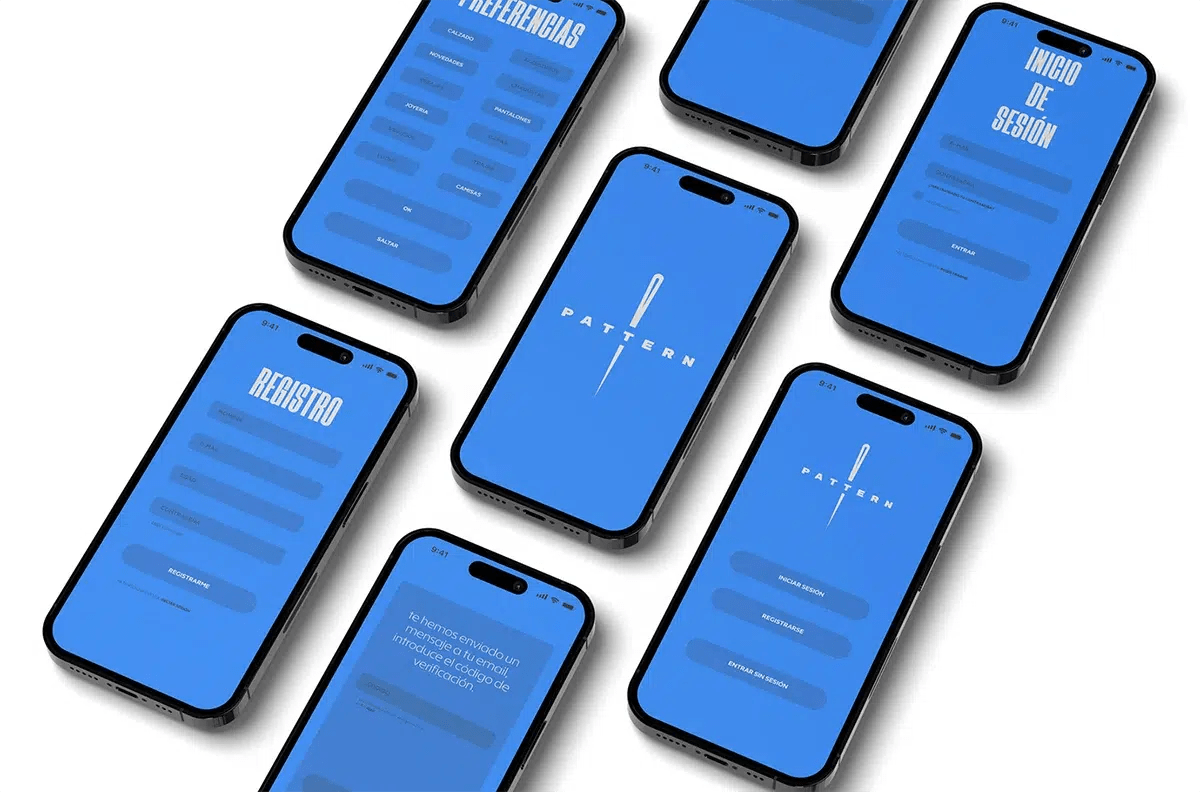 Composición con todas las pantallas en azul de la app de moda Pattern, de Daniel Guijarro Domínguez, alumno de UX/UI/Web en TRAZOS