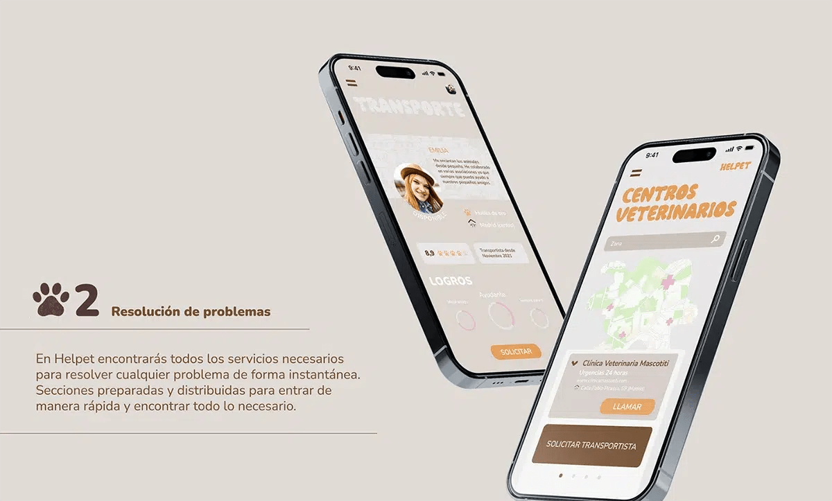 Sección de resolución de problemas de la app Helpet, de Lucía González Alonso, alumna de UX/UI/Web en TRAZOS