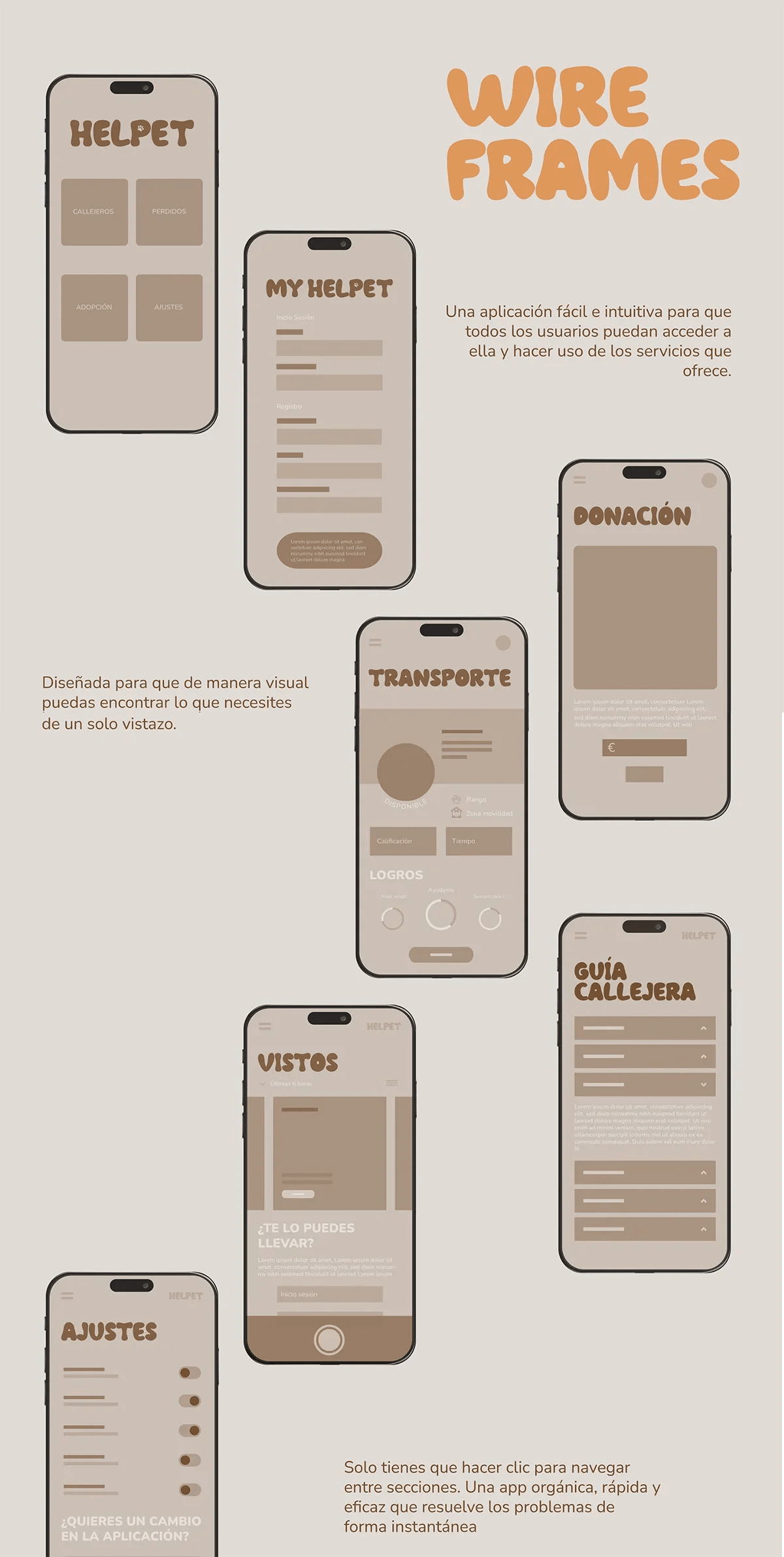 Wireframes de las pantallas de la app Helpet, de Lucía González Alonso, alumna de UX/UI/Web en TRAZOS