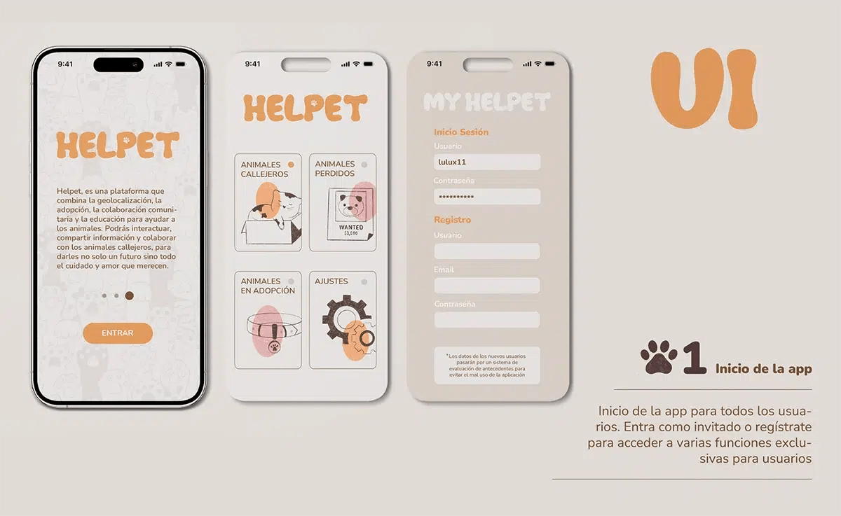 Pantallas de inicio y registro de la interfaz de la app Helpet, de Lucía González Alonso, alumna de UX/UI/Web en TRAZOS