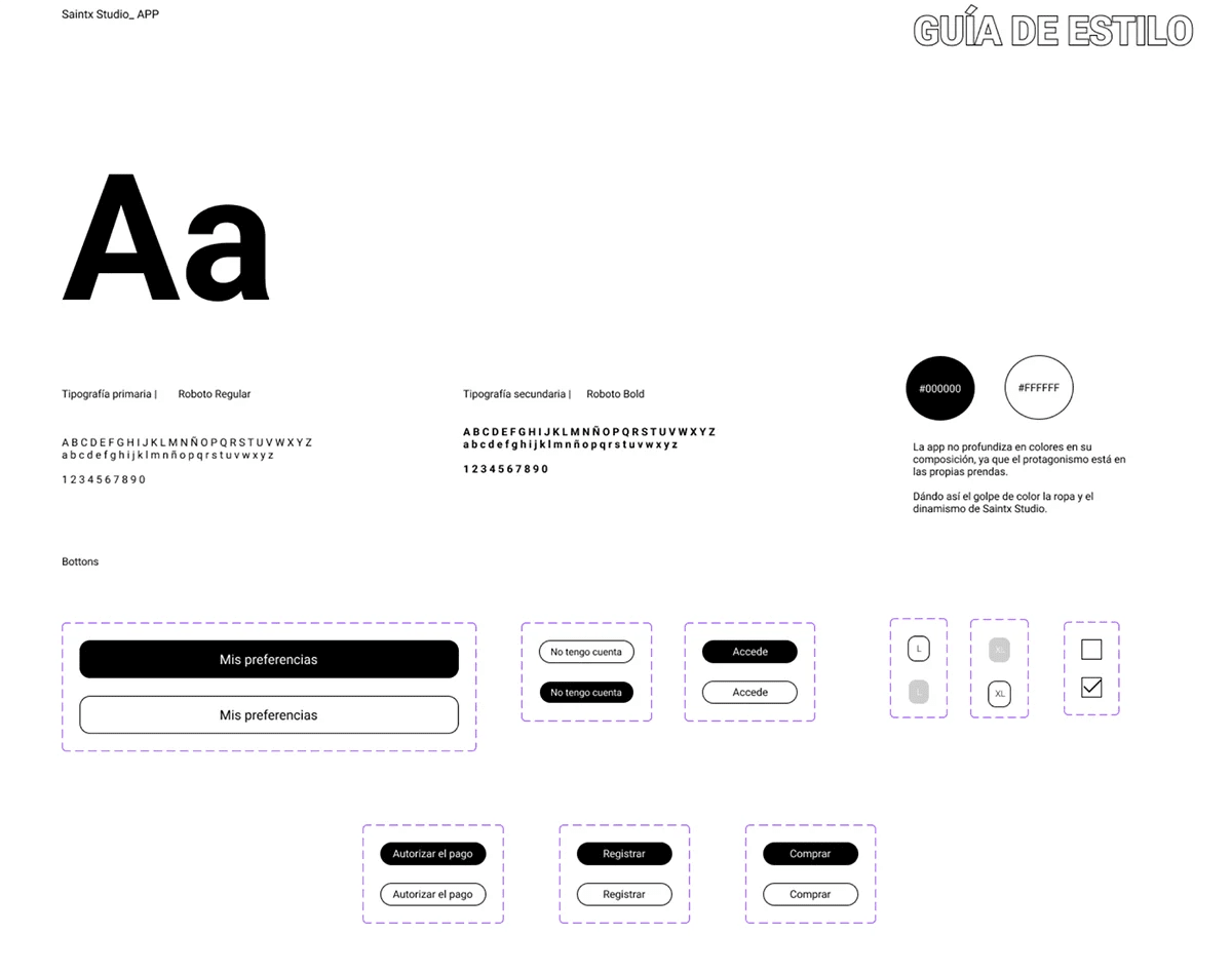 Guía de estilo de la app saintx studio con tipografía Roboto, colores y botones, de Elena Toledo Walls, alumna de UX/UI/Web en TRAZOS