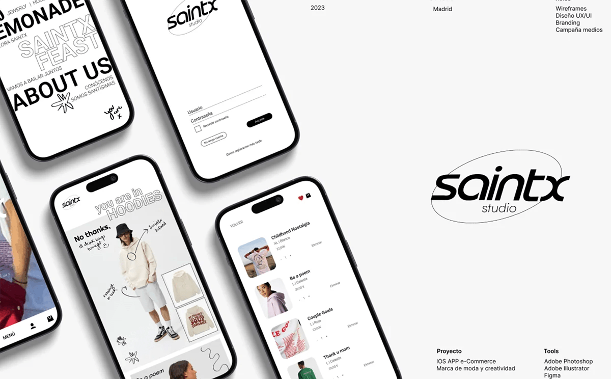 Presentación de la app saintx studio con mockups de pantallas y su logotipo, de Elena Toledo Walls, alumna de UX/UI/Web en TRAZOS