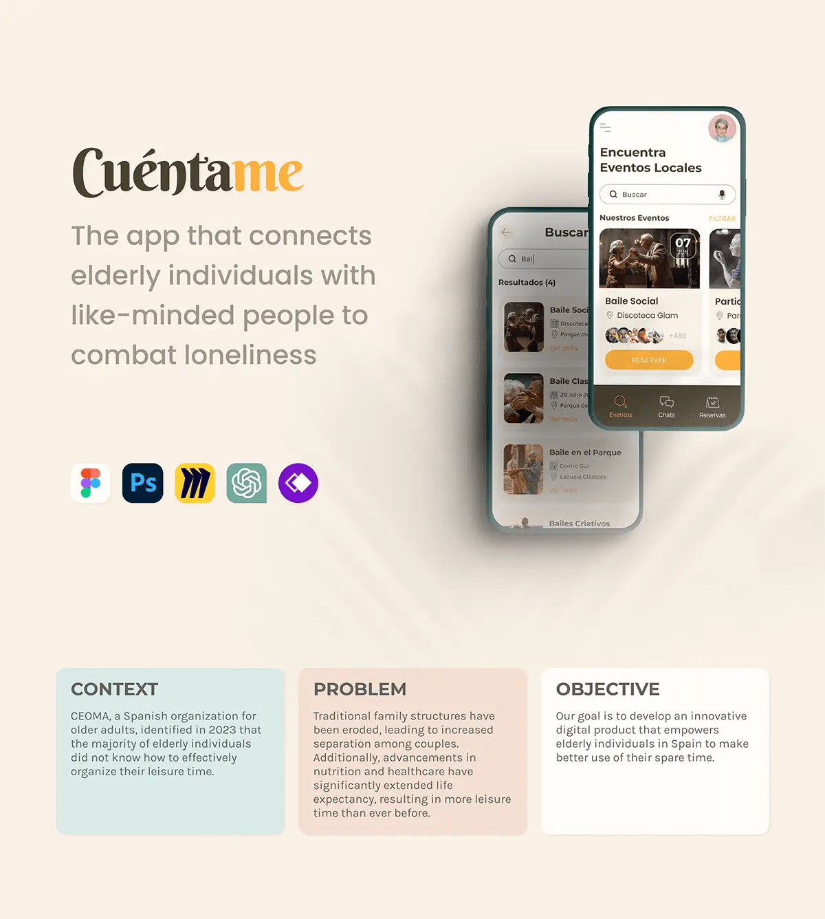 Presentación de la app Cuéntame con contexto, problema y objetivo y logos de software, del proyecto Cuéntame, de alumnos de UX/UI/Web en TRAZOS