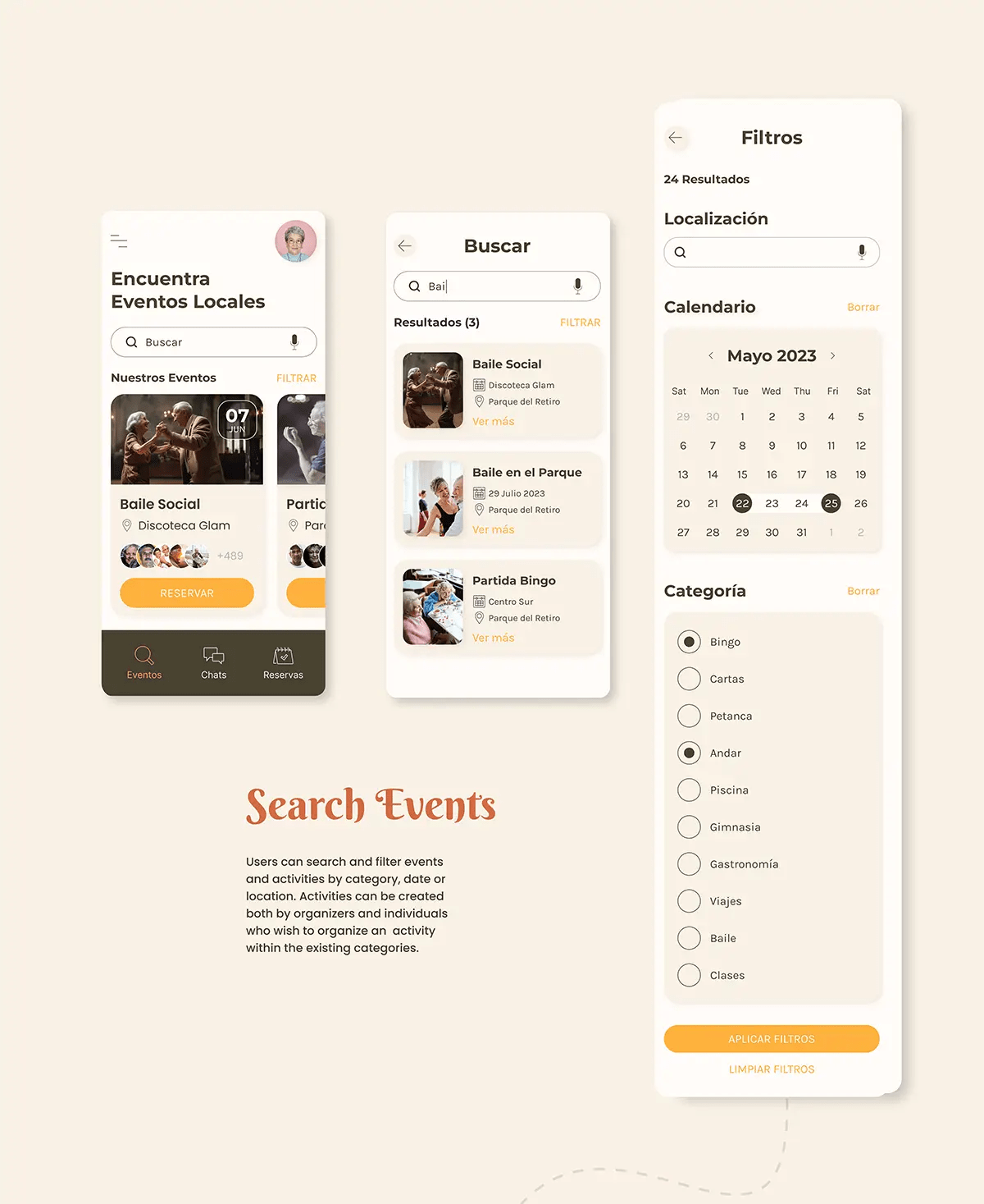 Pantallas de onboarding de Cuéntame sobre usabilidad con fotos de personas mayores, del proyecto Cuéntame, de alumnos de UX/UI/Web en TRAZOS