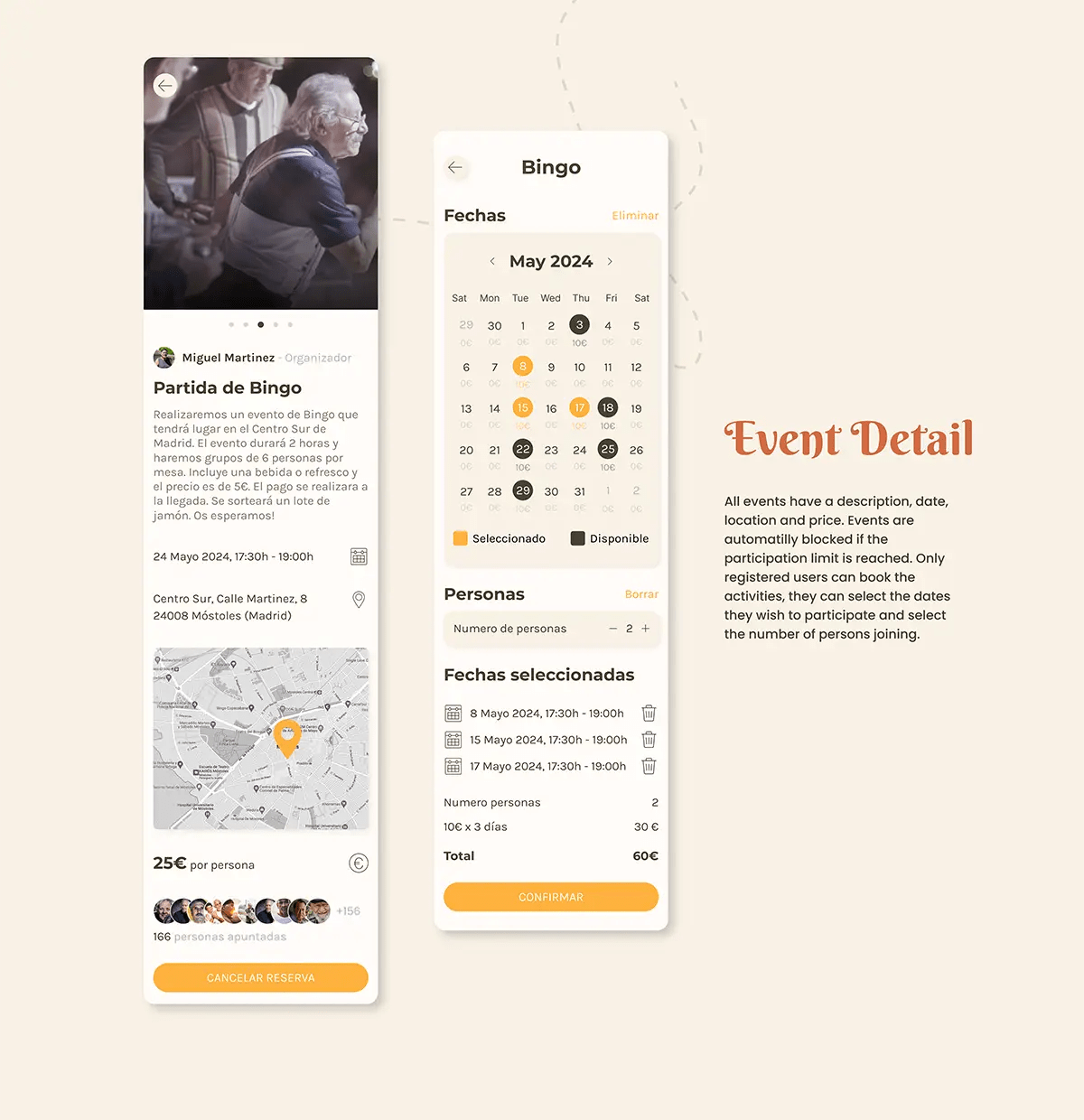 Pantallas de búsqueda de eventos y filtros por calendario y categoría en la app Cuéntame, del proyecto Cuéntame, de alumnos de UX/UI/Web en TRAZOS