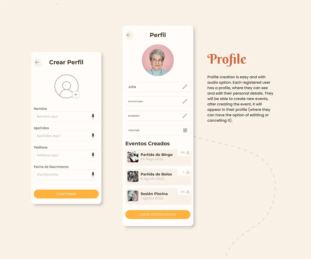 Pantallas de chats y videollamada entre personas mayores en la app Cuéntame, del proyecto Cuéntame, de alumnos de UX/UI/Web en TRAZOS
