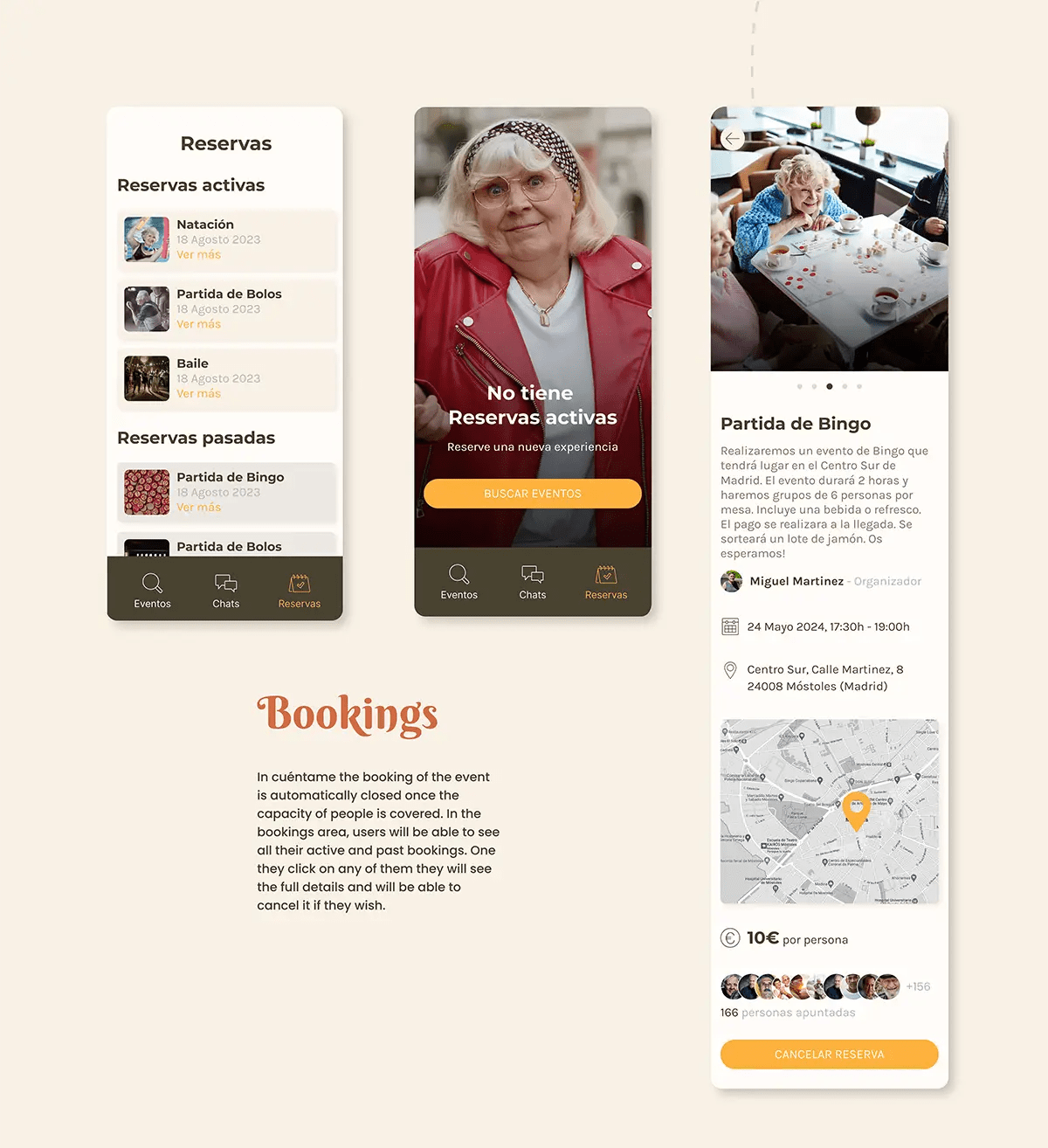 Pantallas de creación de perfil y de reservas de eventos en la app Cuéntame, del proyecto Cuéntame, de alumnos de UX/UI/Web en TRAZOS