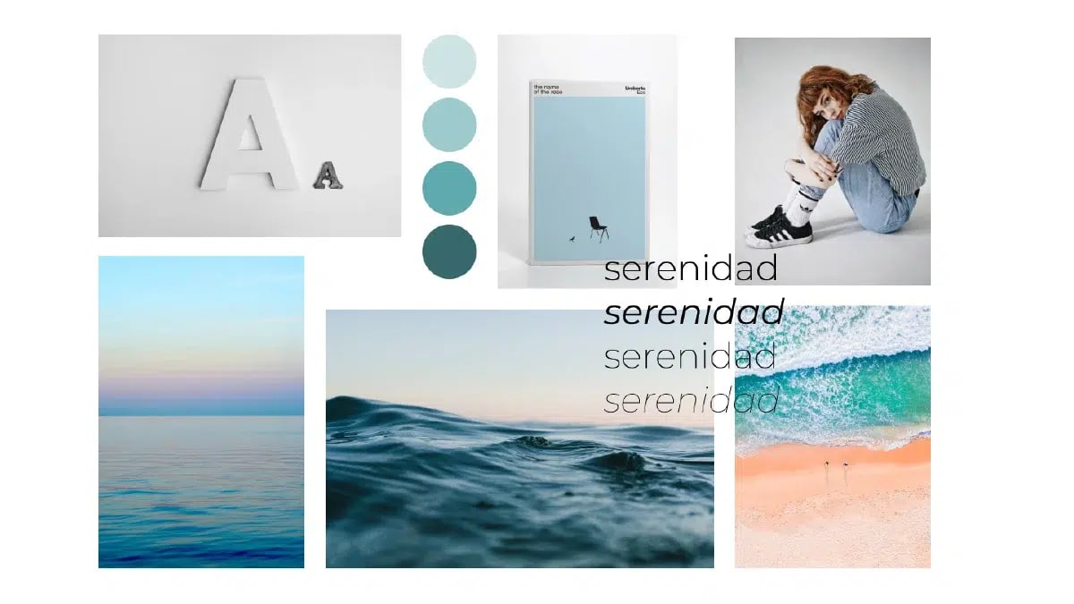 Moodboard de serenidad con imágenes de mar y tipografía azul para la app Soc Vida Si Soc Amb Mi, de Eugenia Valls Alfaro, alumna de UX/UI/Web en TRAZOS