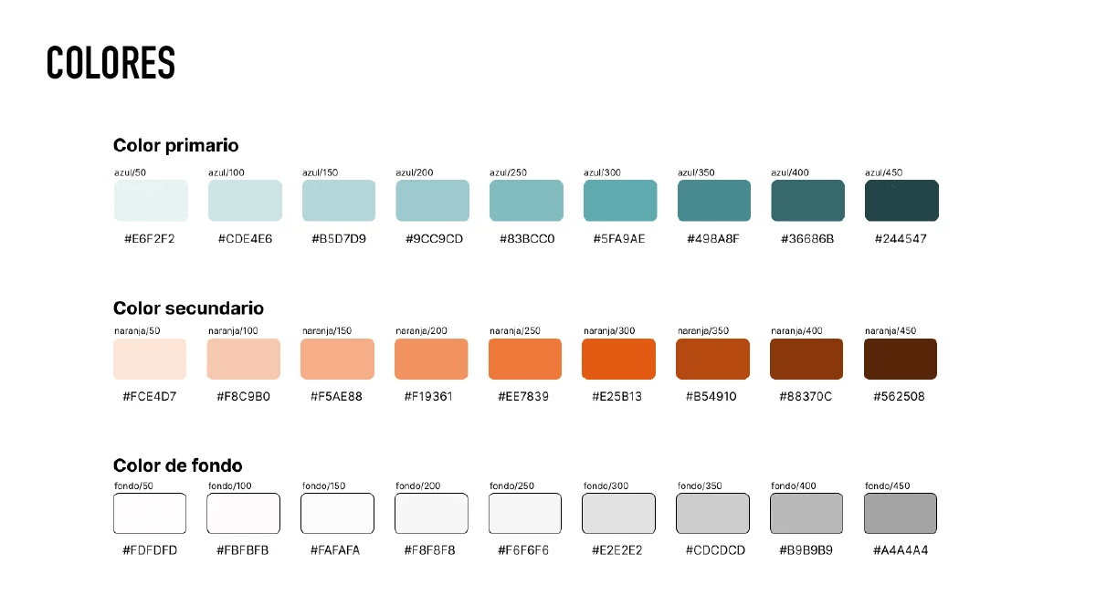 Paleta de colores primario azul, secundario naranja y de fondo de la app Soc Vida Si Soc Amb Mi, de Eugenia Valls Alfaro, alumna de UX/UI/Web en TRAZOS
