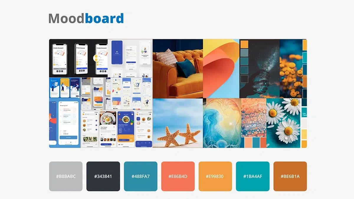 Moodboard con paleta de color de la app Vidi, de Laura Palomo, alumna de UX/UI/Web en TRAZOS
