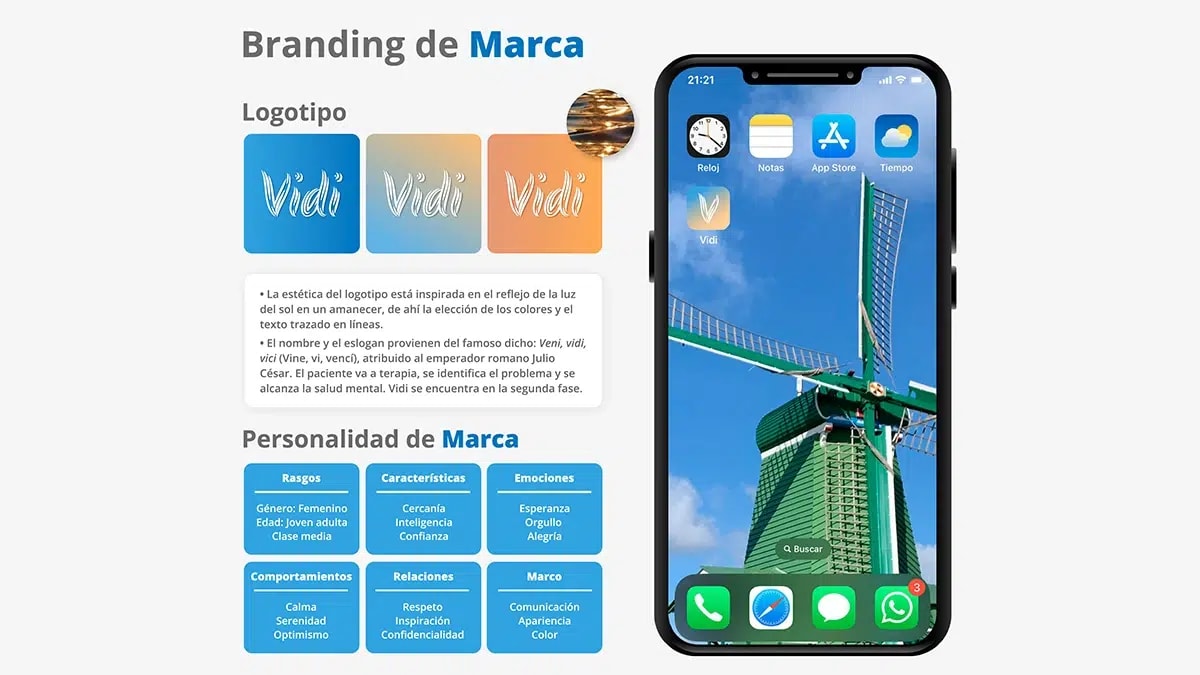 Branding y personalidad de marca de la app Vidi, de Laura Palomo, alumna de UX/UI/Web en TRAZOS
