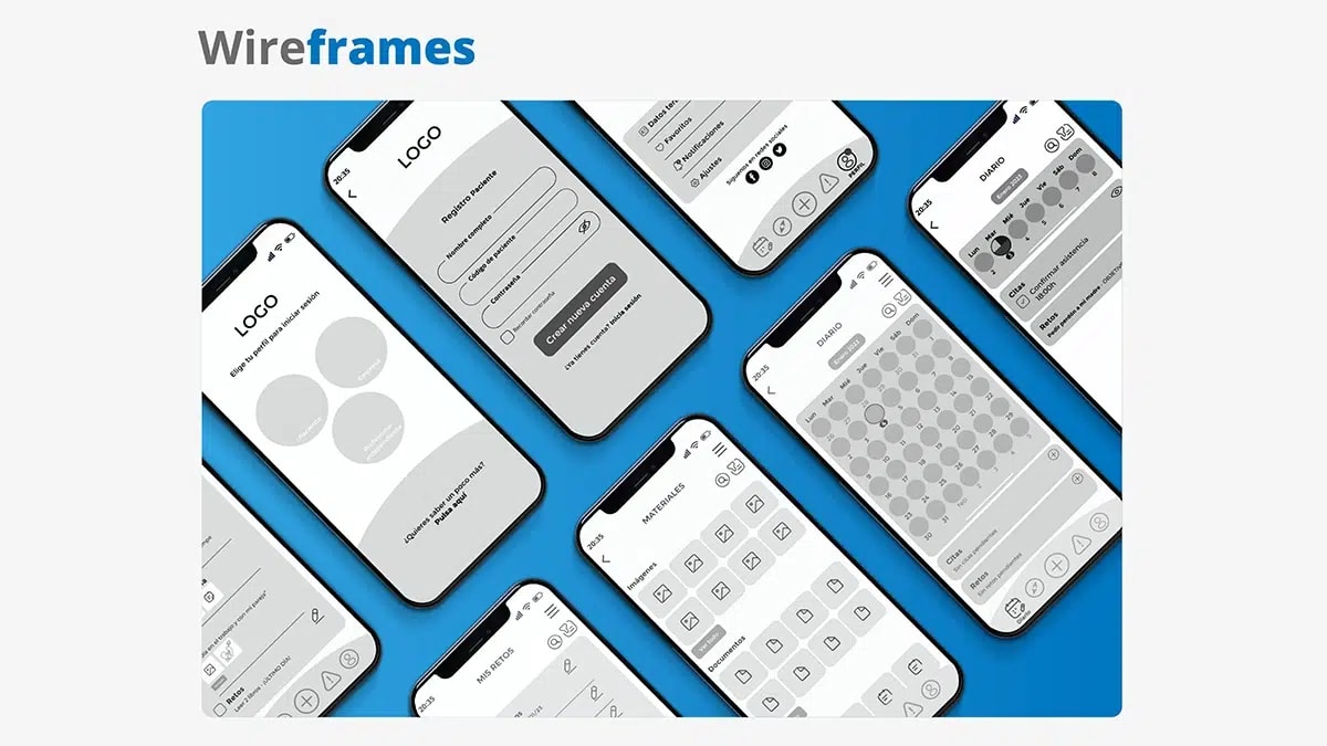 Wireframes de las pantallas de la app Vidi, de Laura Palomo, alumna de UX/UI/Web en TRAZOS