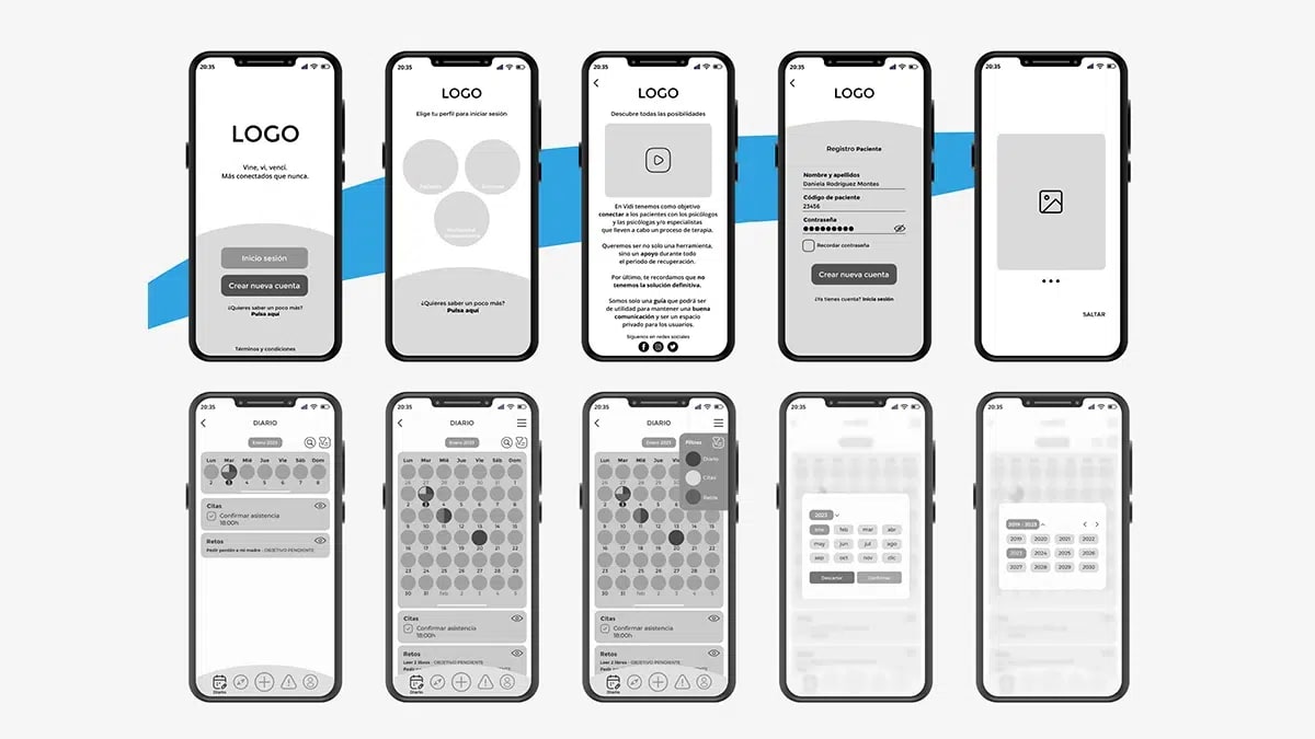 Wireframes del flujo de onboarding y diario de la app Vidi, de Laura Palomo, alumna de UX/UI/Web en TRAZOS