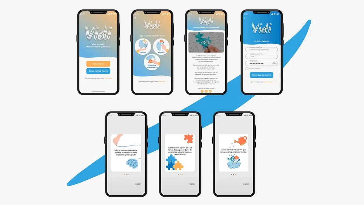 Pantallas de onboarding y registro de la app Vidi, de Laura Palomo, alumna de UX/UI/Web en TRAZOS