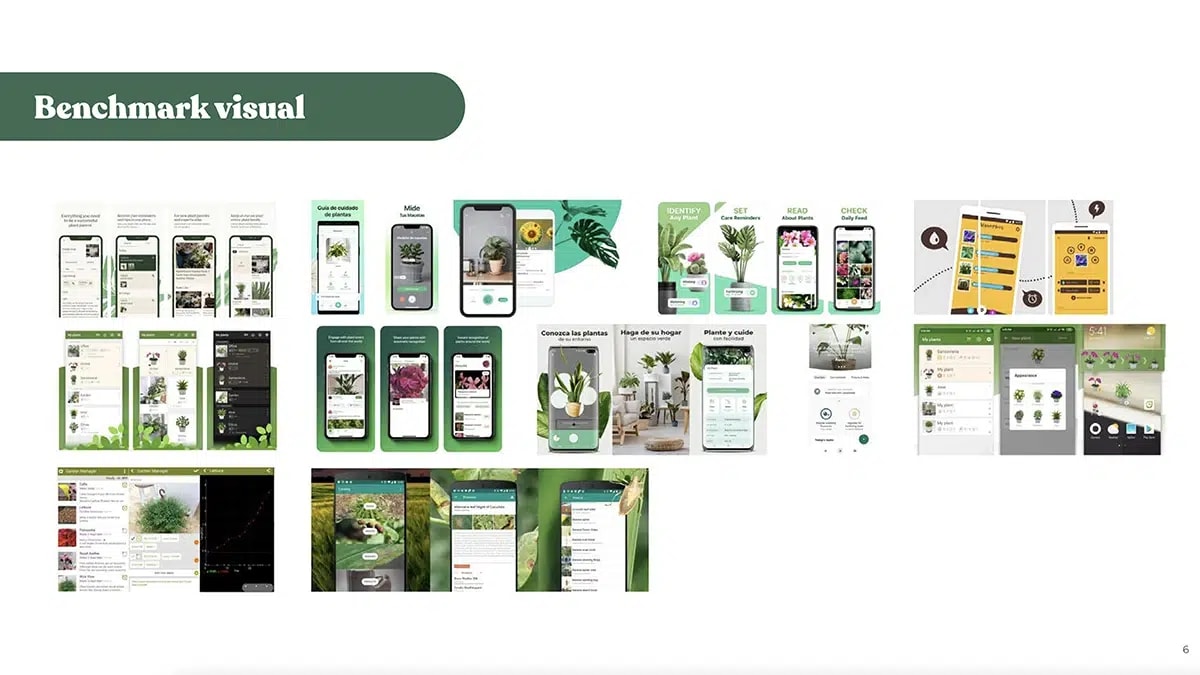 Benchmark visual de apps de cuidado de plantas para el proyecto Florify, de Eva Martínez, alumna de UX/UI/Web en TRAZOS
