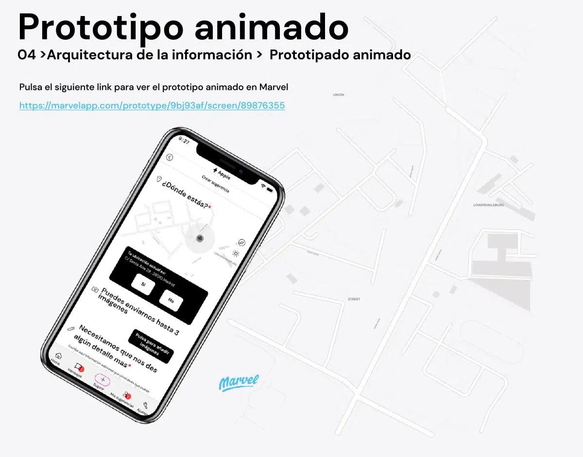 Pantalla de la app Appie para enviar sugerencias con la ubicación e imágenes y enlace al prototipo animado, de Jose Manuel González Quiroga, alumno de UX/UI/Web en TRAZOS