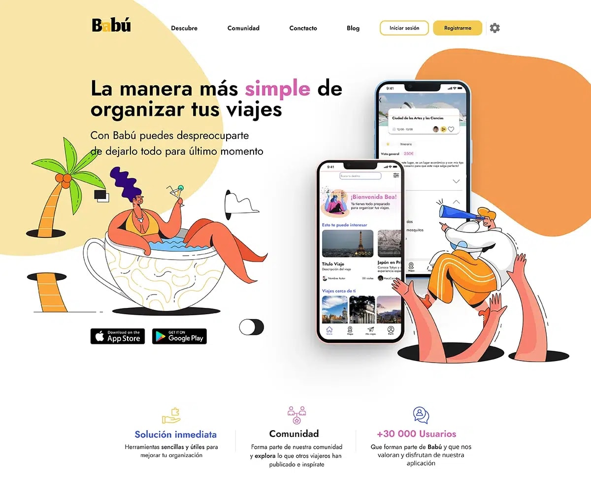 Landing de la app Babú, la manera más simple de organizar tus viajes, con ilustraciones, de Kalony Estefany Moreno Ortega, alumna de UX/UI/Web en TRAZOS