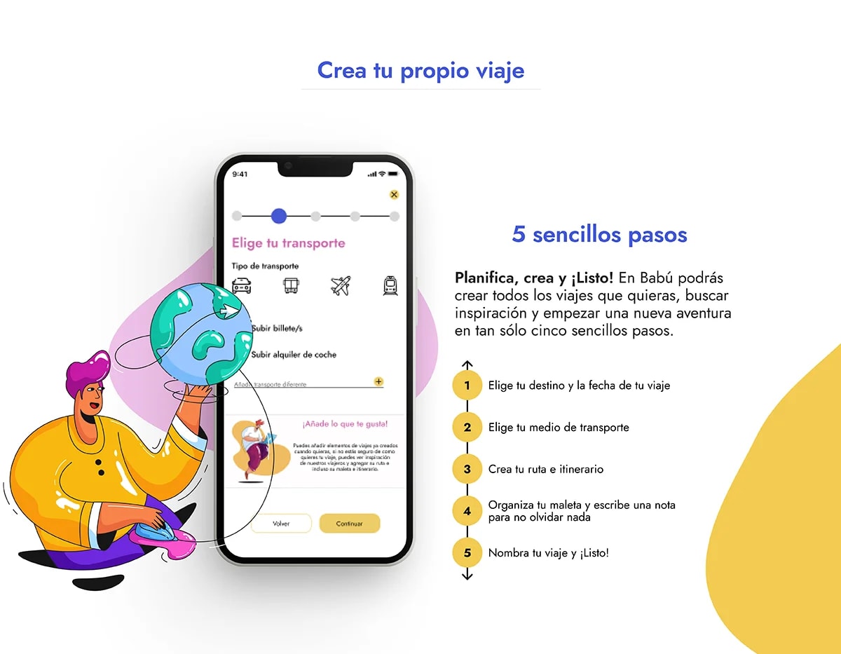 Sección crea tu propio viaje de Babú con los cinco pasos para planificar, de Kalony Estefany Moreno Ortega, alumna de UX/UI/Web en TRAZOS