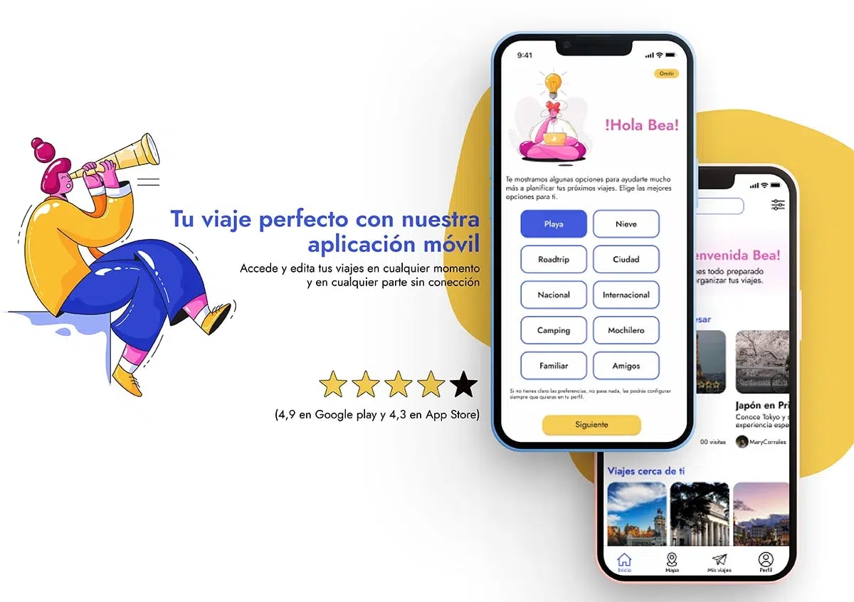 Pantallas de la app móvil Babú con selección de preferencias de viaje y valoraciones, de Kalony Estefany Moreno Ortega, alumna de UX/UI/Web en TRAZOS